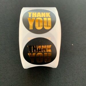 Thank You Sticker Labels 500 labels on roll. 1” Round NWT Gold Foil & Black